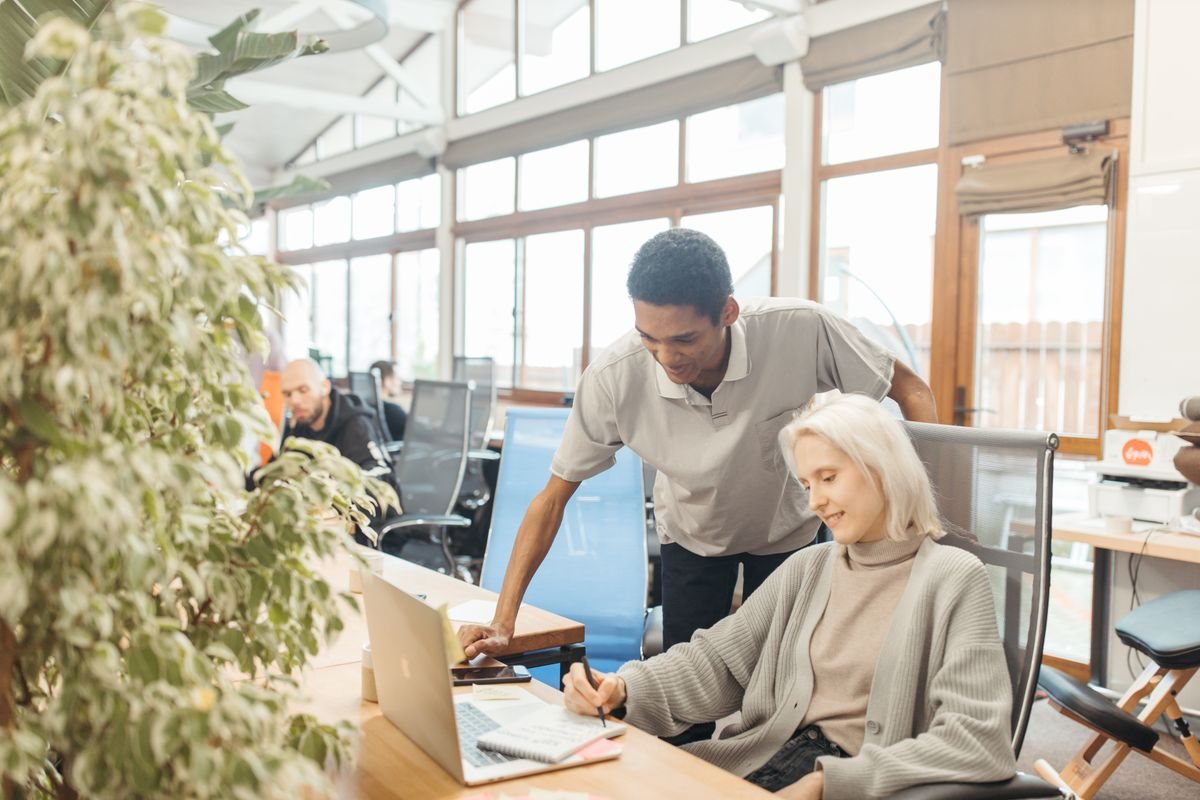 Two people working together